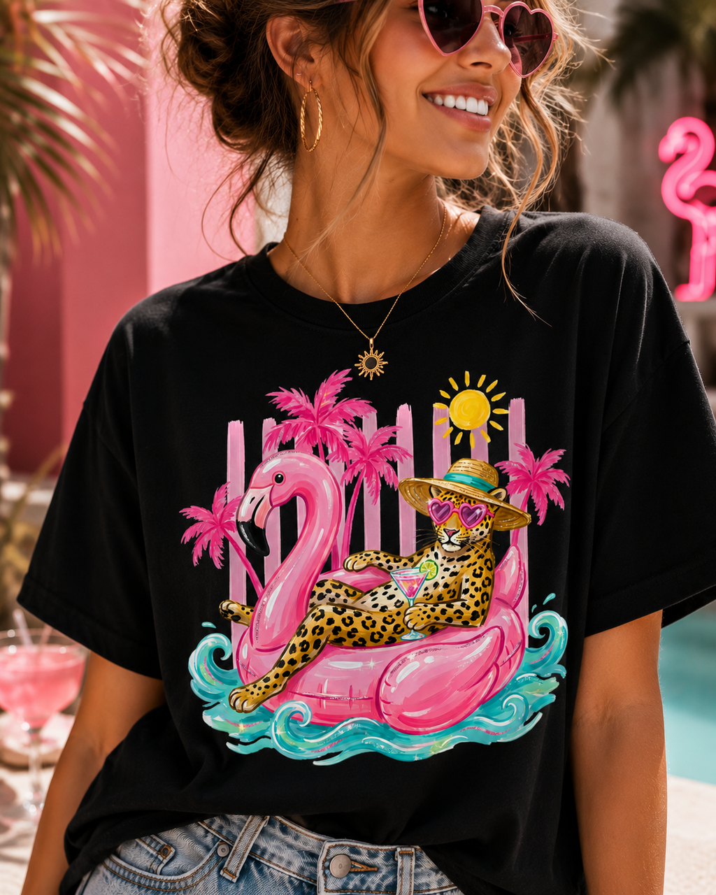 Leopard Cat on Flamingo Float T-Shirt | Tropical Palm Beach Summer Vibes