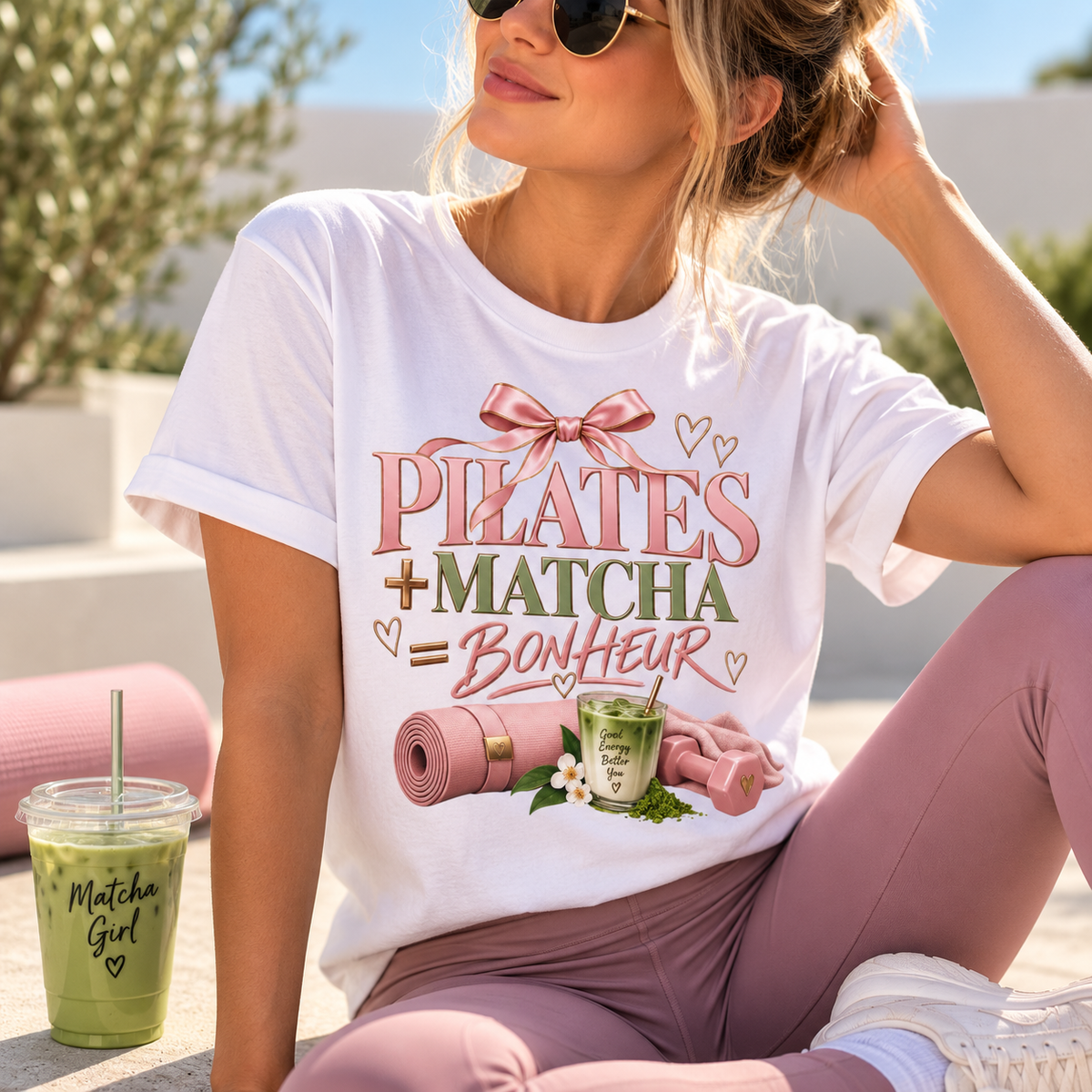 Pilates + Matcha Bonheur Tee — Yoga Mat & Matcha Fitness Shirt