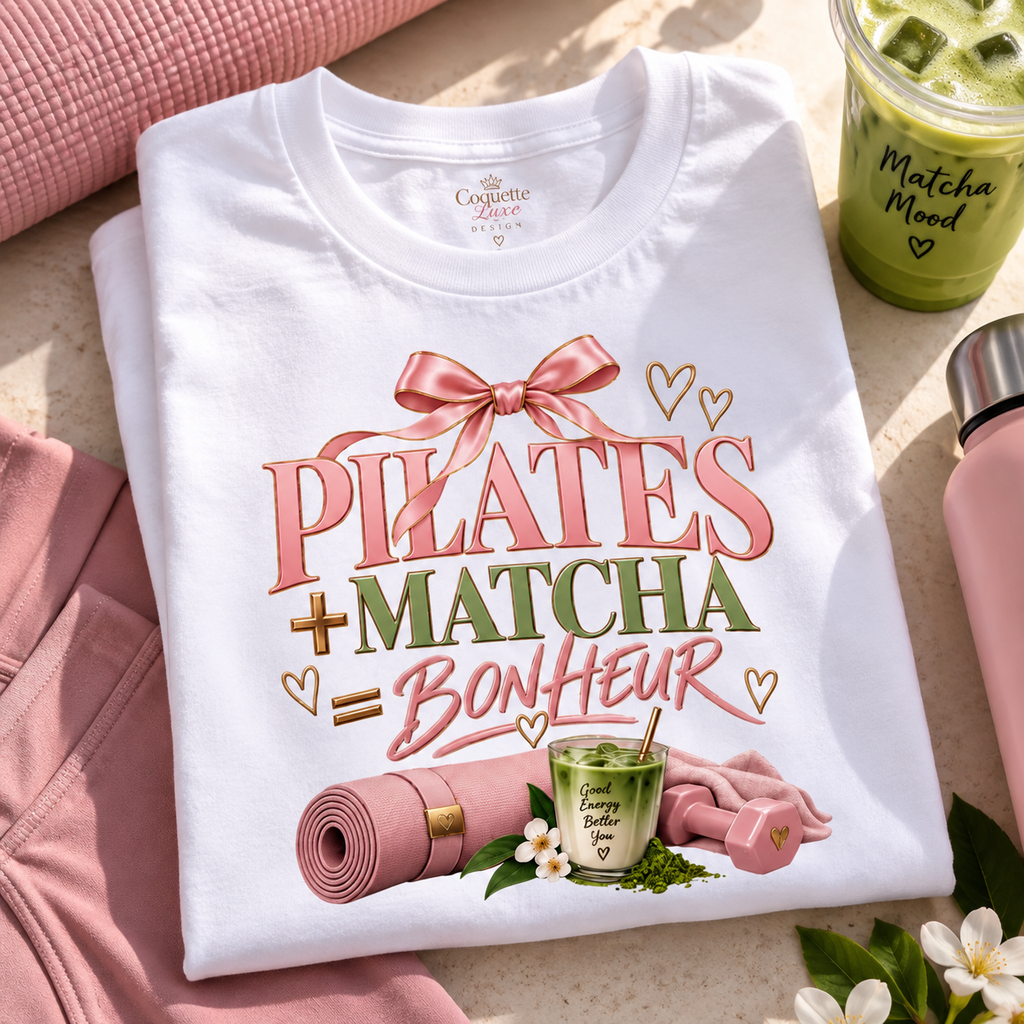 Pilates + Matcha Bonheur Tee — Yoga Mat & Matcha Fitness Shirt