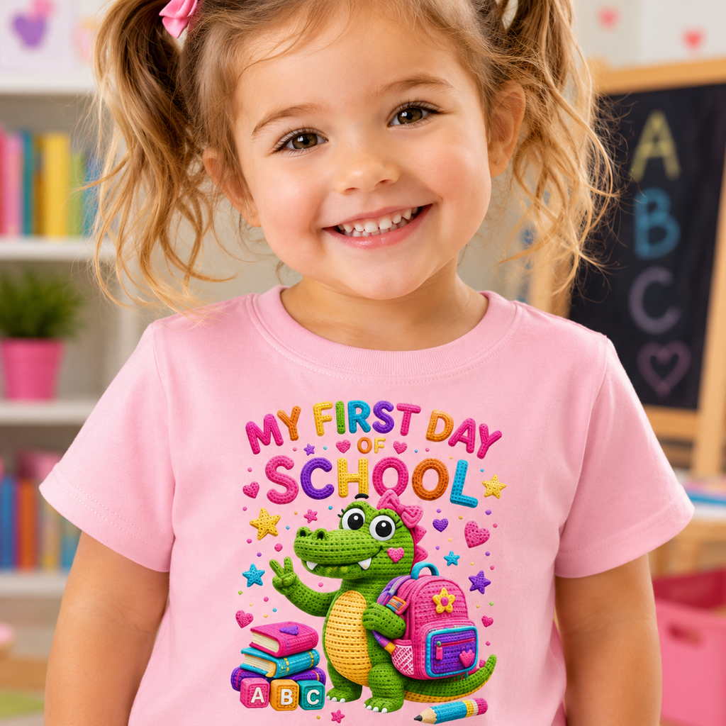 T-shirt enfant « Mon premier jour d'école » avec crocodile | T-shirt de rentrée des classes pour enfants