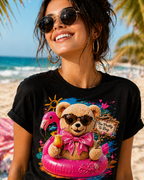 Teddy Bear Pool Float Tee | Summer Bear with Sunglasses and Flamingo