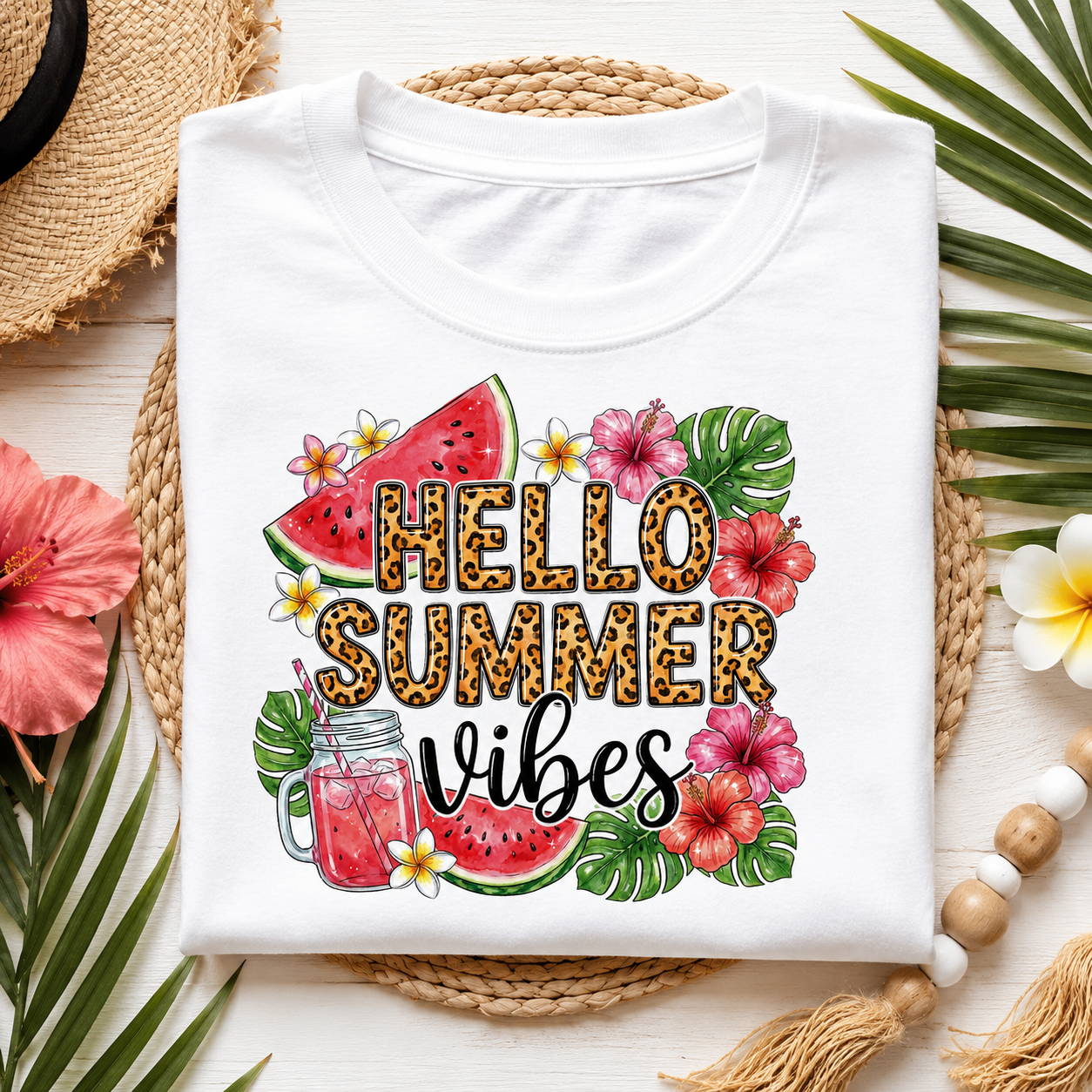 T-shirt imprimé léopard floral pastèque « Hello Summer Vibes »