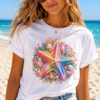 Rainbow Starfish T-Shirt | Colorful Seashell Beach Art