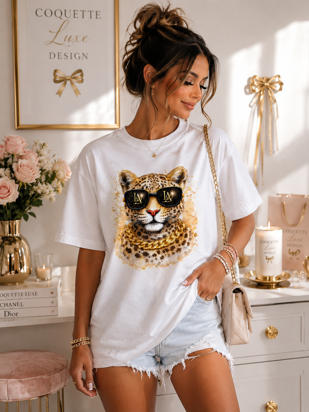 Leopard with Sunglasses Tee | Gold Chain Cheetah Graphic Shirt