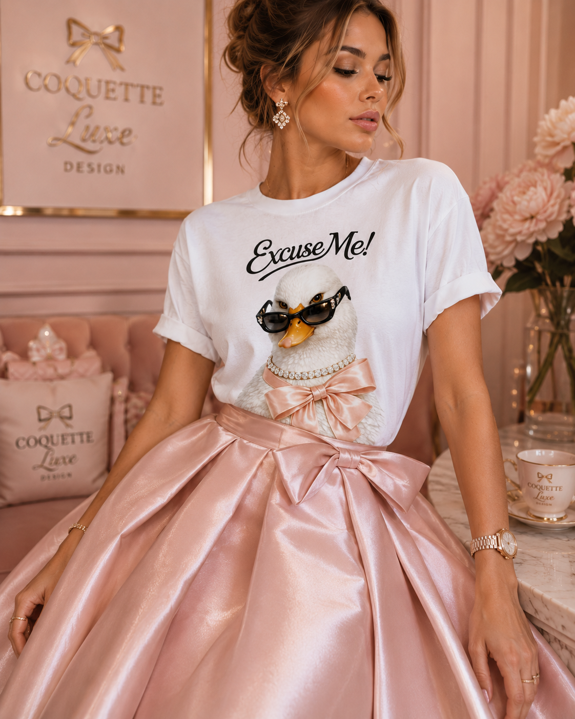 Excuse Me ! T-shirt Cygne Stylé — T-shirt graphique avec lunettes de soleil mignonnes et nœud papillon
