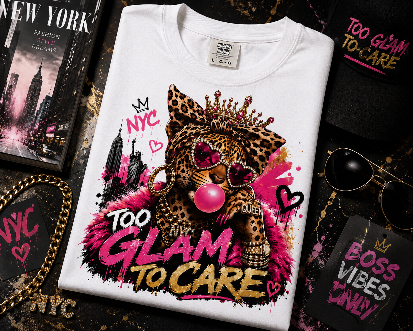 T-shirt "Too Glam To Care" – Motif chat couronné léopard