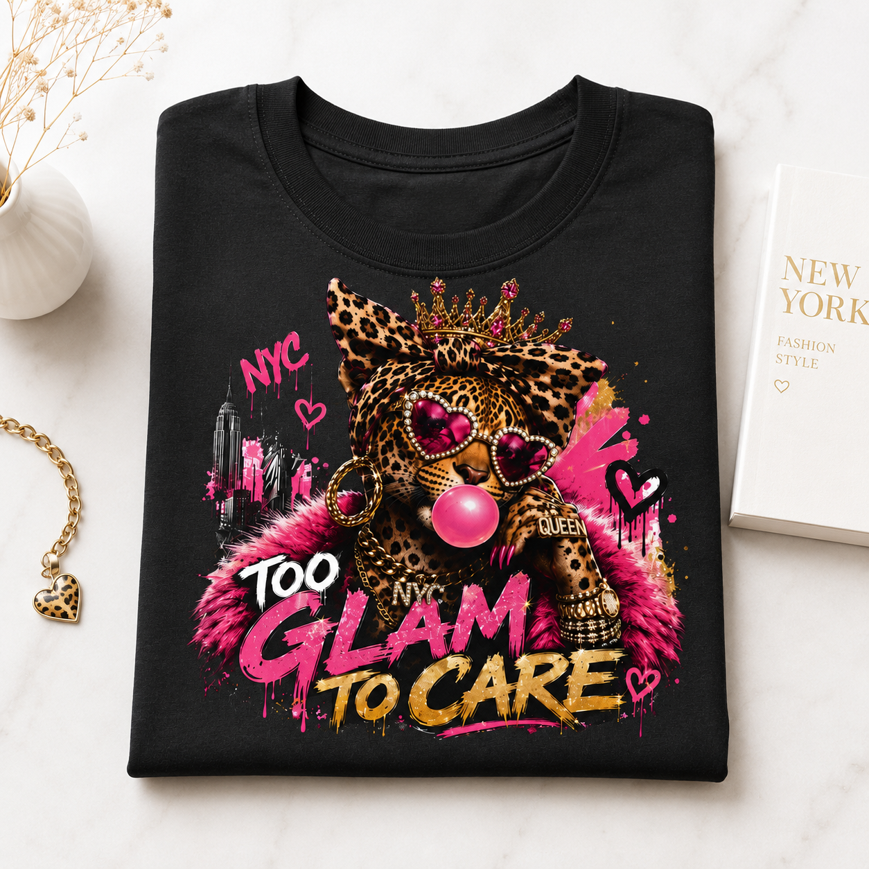 T-shirt "Too Glam To Care" – Motif chat couronné léopard