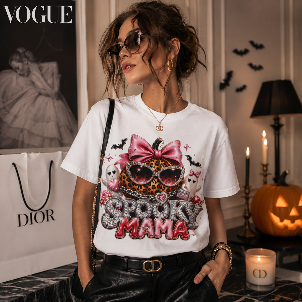 Spooky Mama T-Shirt — Cute Halloween Leopard Pumpkin Graphic Tee for Moms