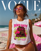Beach Queen Cat Graphic Crop Top | Tropical Flamingo Bubblegum Retro