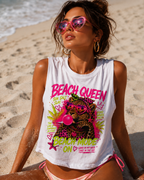 Beach Queen Cat Graphic Crop Top | Tropical Flamingo Bubblegum Retro