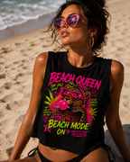 Beach Queen Cat Graphic Crop Top | Tropical Flamingo Bubblegum Retro