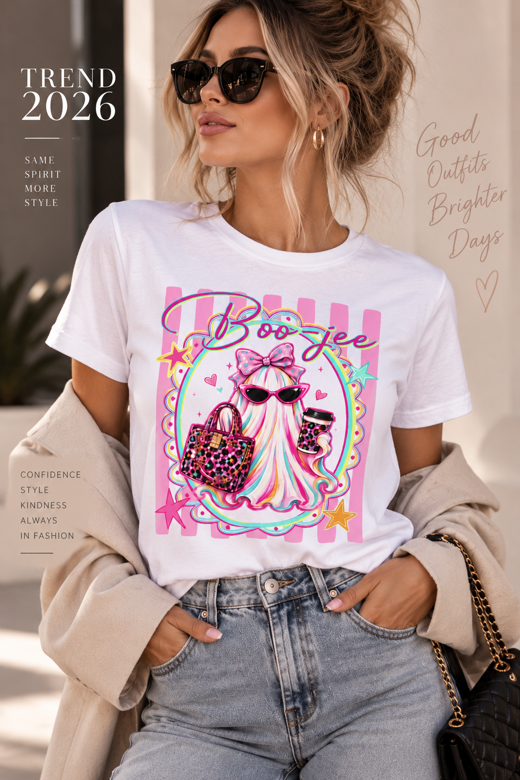 Boo-Jee Ghost Tee — Kawaii Fashion Ghost Graphic T-Shirt with Purse & Coffee