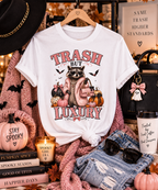 Trash But Luxury Raccoon Tee — Halloween Graphic T-Shirt with Pumpkins & Bats