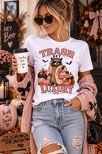 Trash But Luxury Raccoon Tee — Halloween Graphic T-Shirt with Pumpkins & Bats
