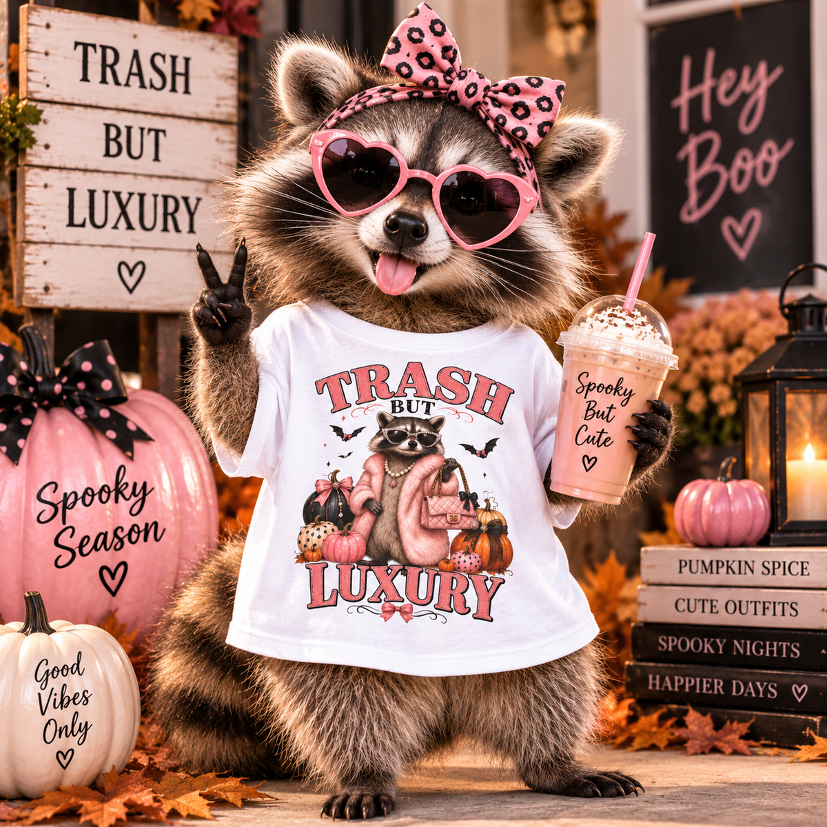 Trash But Luxury Raccoon Tee — Halloween Graphic T-Shirt with Pumpkins & Bats