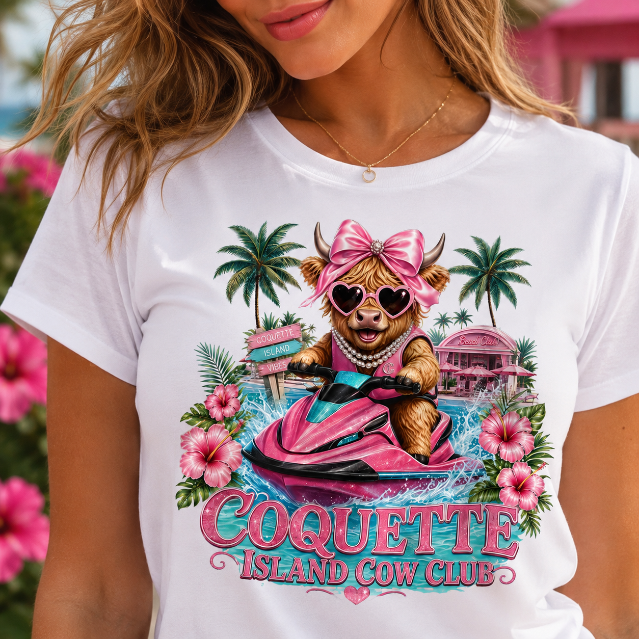 Coquette Island Cow Club T-Shirt | Cute Highland Cow Pink Jet Ski Summer Graphic Tee