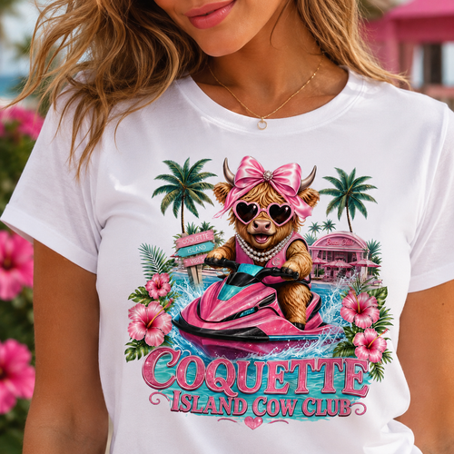 Coquette Island Cow Club T-Shirt | Cute Highland Cow Pink Jet Ski Summer Graphic Tee