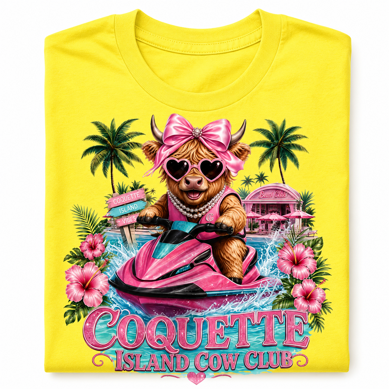 Coquette Island Cow Club T-Shirt | Cute Highland Cow Pink Summer Graphic Tee