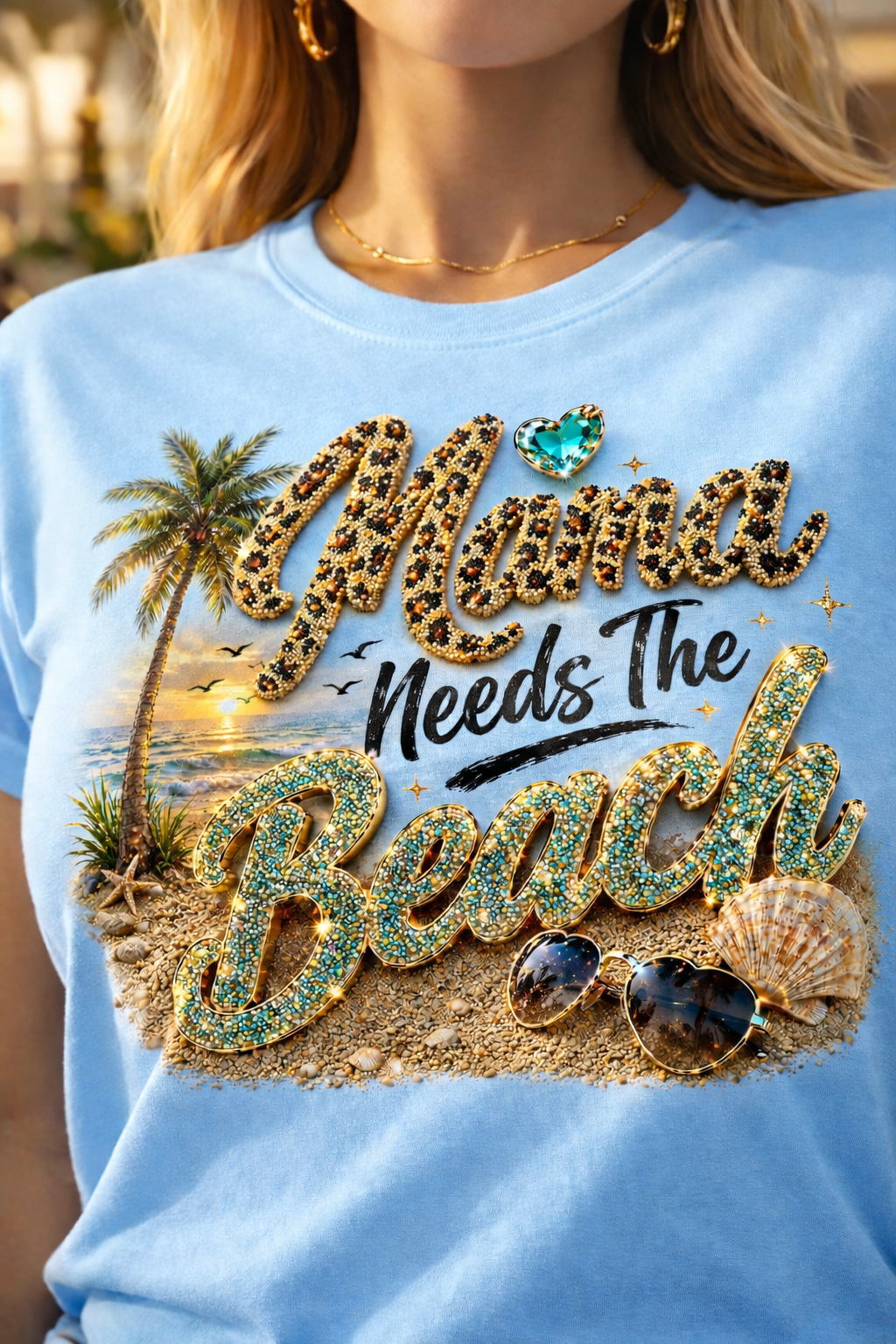 Mama Needs The Beach T-Shirt | Palm Tree, Seashells, Leopard Script