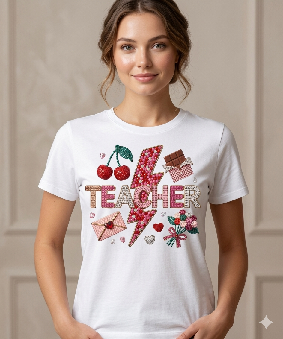 Teacher lightning bolt design T-shirt | cherries, letters, hearts, stationery