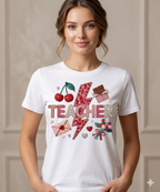 Teacher lightning bolt design T-shirt | cherries, letters, hearts, stationery
