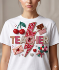Teacher lightning bolt design T-shirt | cherries, letters, hearts, stationery