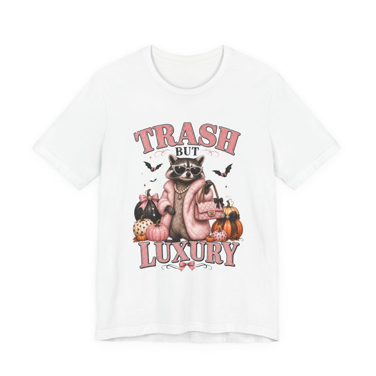Trash But Luxury Raccoon Tee — Halloween Graphic T-Shirt with Pumpkins & Bats