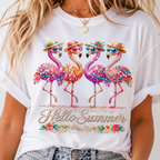 Hello Summer Flamingos T-Shirt | Pink Flamingo Beach Graphic Tee