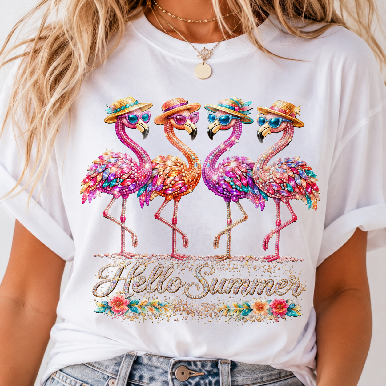 Hello Summer Flamingos T-Shirt | Pink Flamingo Beach Graphic Tee