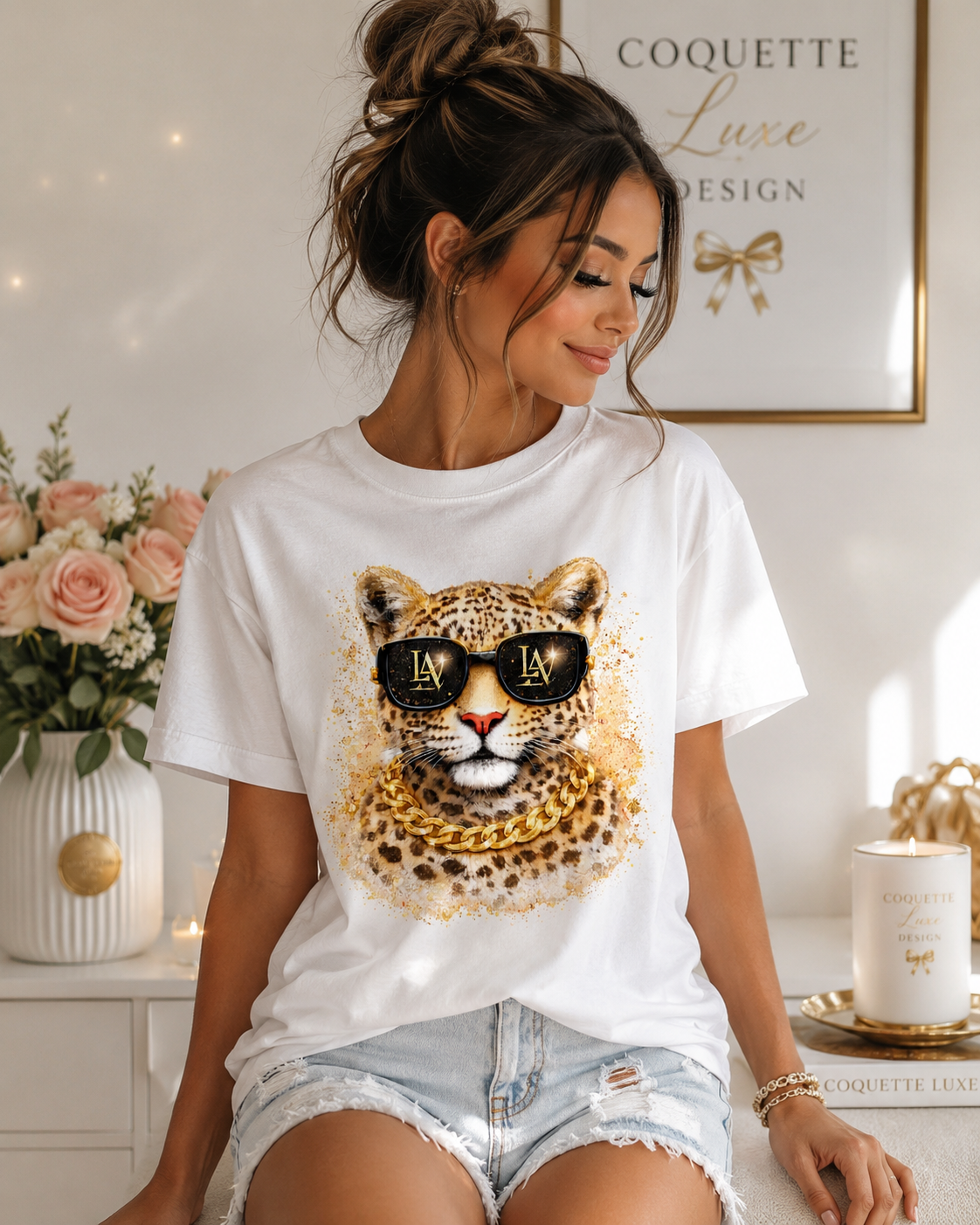 Leopard with Sunglasses Tee | Gold Chain Cheetah Graphic Shirt