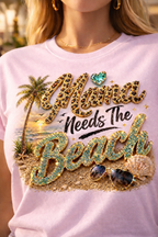 Mama Needs The Beach T-Shirt | Palm Tree, Seashells, Leopard Script