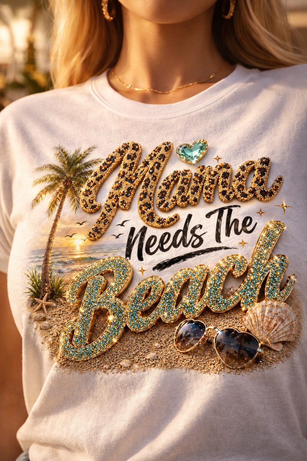 Mama Needs The Beach T-Shirt | Palm Tree, Seashells, Leopard Script