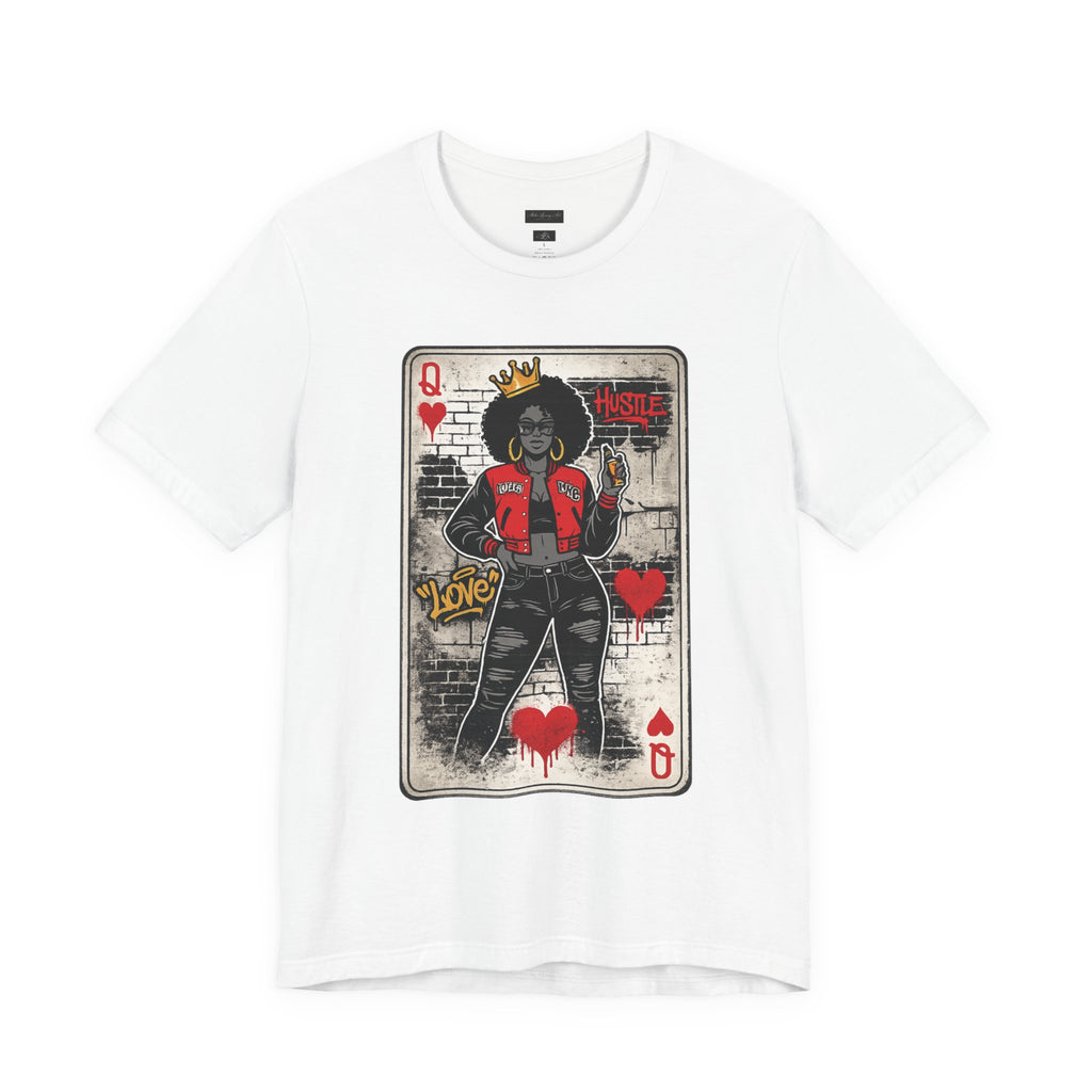 Woman wearing white Queen of Hearts graphic tee on NYC street, retro street art afro queen design