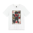 Woman wearing white Queen of Hearts graphic tee on NYC street, retro street art afro queen design