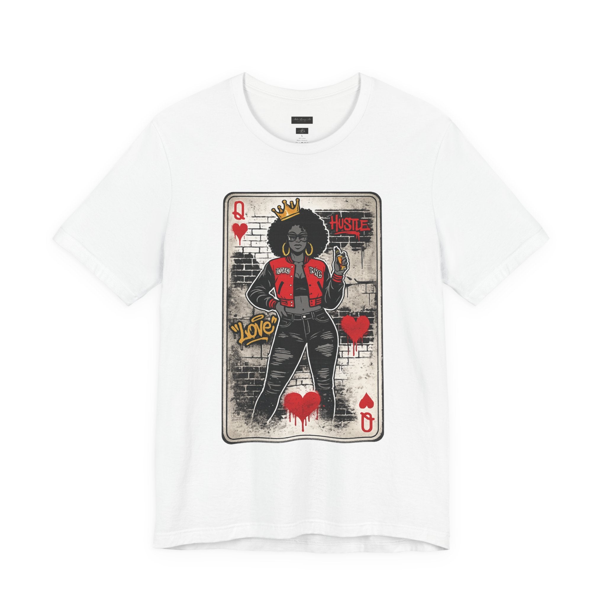 Woman wearing white Queen of Hearts graphic tee on NYC street, retro street art afro queen design