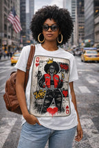 Woman wearing white Queen of Hearts graphic tee on NYC street, retro street art afro queen design