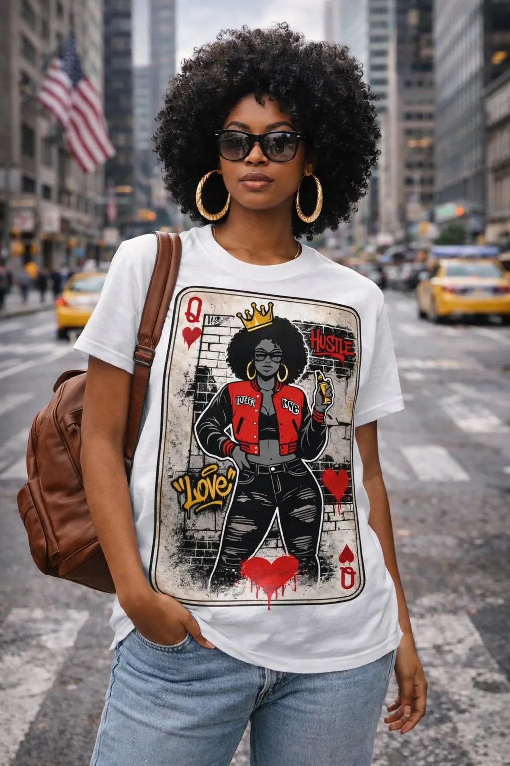 Woman wearing white Queen of Hearts graphic tee on NYC street, retro street art afro queen design