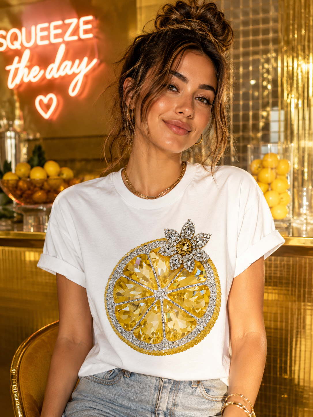 Sparkly Lemon Shirt | Rhinestone Citrus Graphic Tee | Summer Aesthetic T-Shirt | Cute Fruit Tee | 