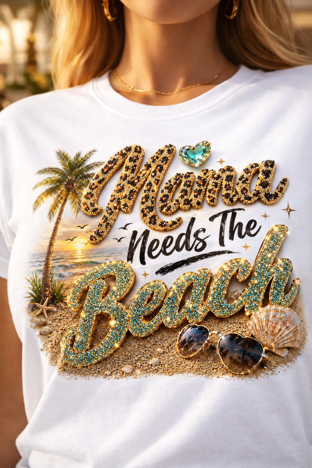 Mama Needs The Beach T-Shirt | Palm Tree, Seashells, Leopard Script