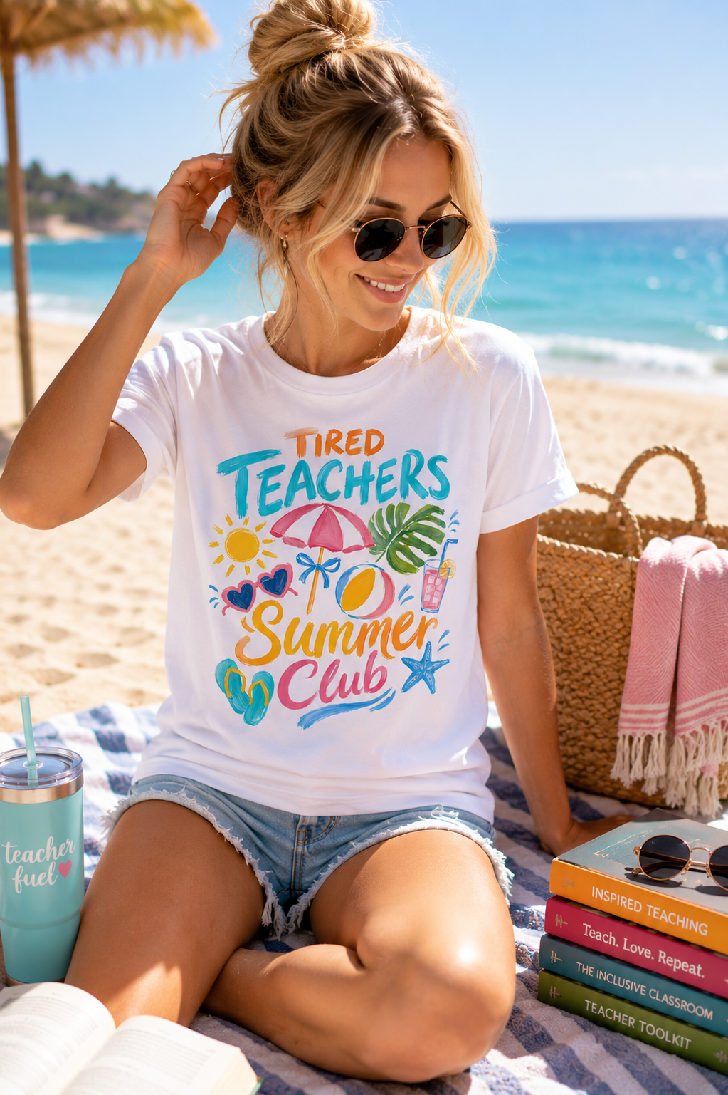 Teacher Summer Club T-Shirt — "Tired Teachers" Bright Beach Vacation Tee