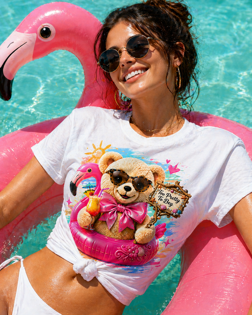 Teddy Bear Pool Float Tee | Summer Bear with Sunglasses and Flamingo