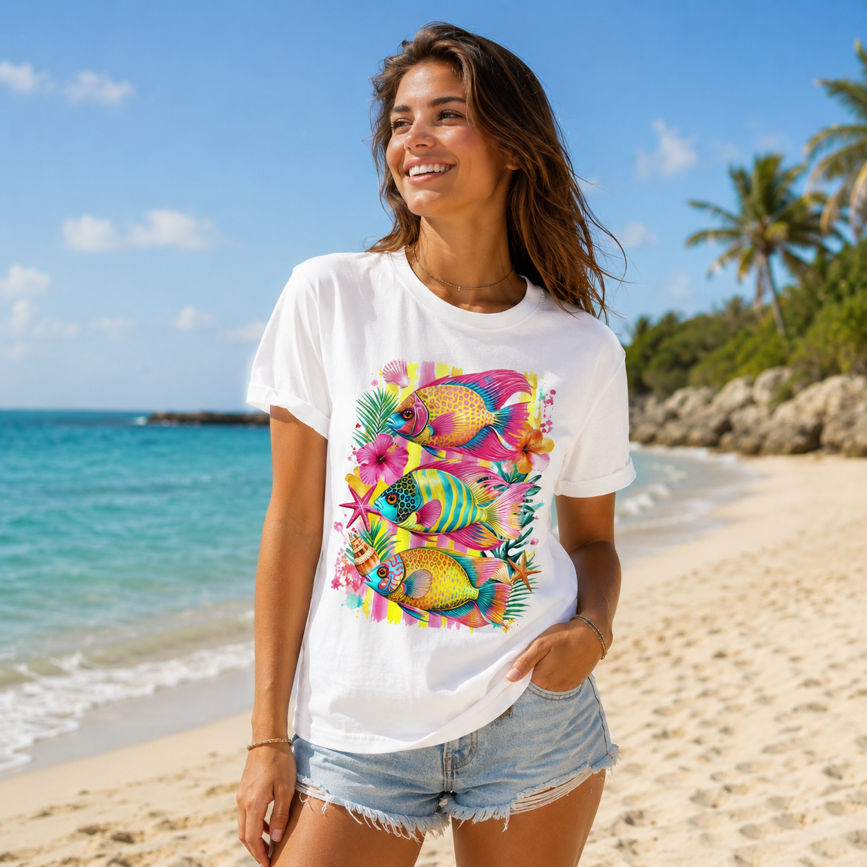 Tropical Colorful Fish T-Shirt | Neon Hibiscus Beach Illustration
