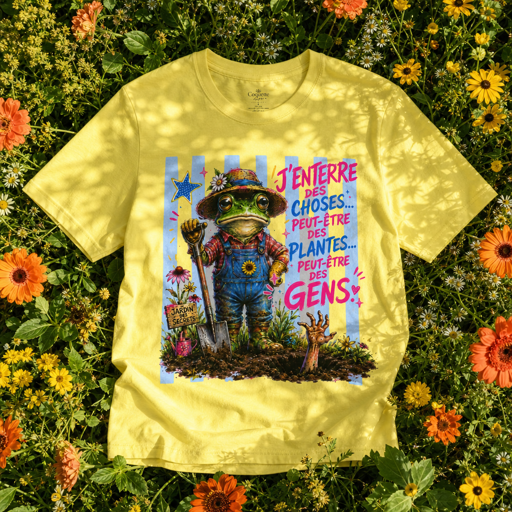 Frog Gardener Graphic Tee — "J'enterrer des choses... peut-être des plantes, peut-être des gens"