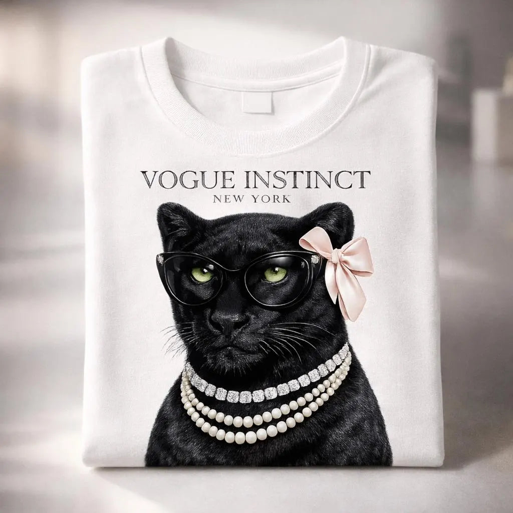 Vogue Instinct Black Cat with Pearls Tee | Fashion Cat T-Shirt
