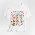 In My Class We Learn We Grow Teacher Illustration T-Shirt | School Icons