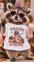 Trash But Luxury Raccoon Tee — Halloween Graphic T-Shirt with Pumpkins & Bats