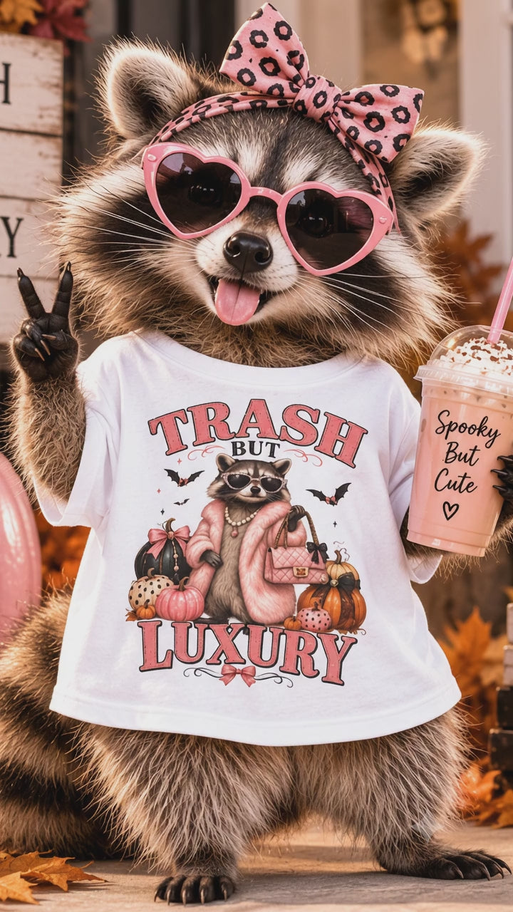 Trash But Luxury Raccoon Tee — Halloween Graphic T-Shirt with Pumpkins & Bats