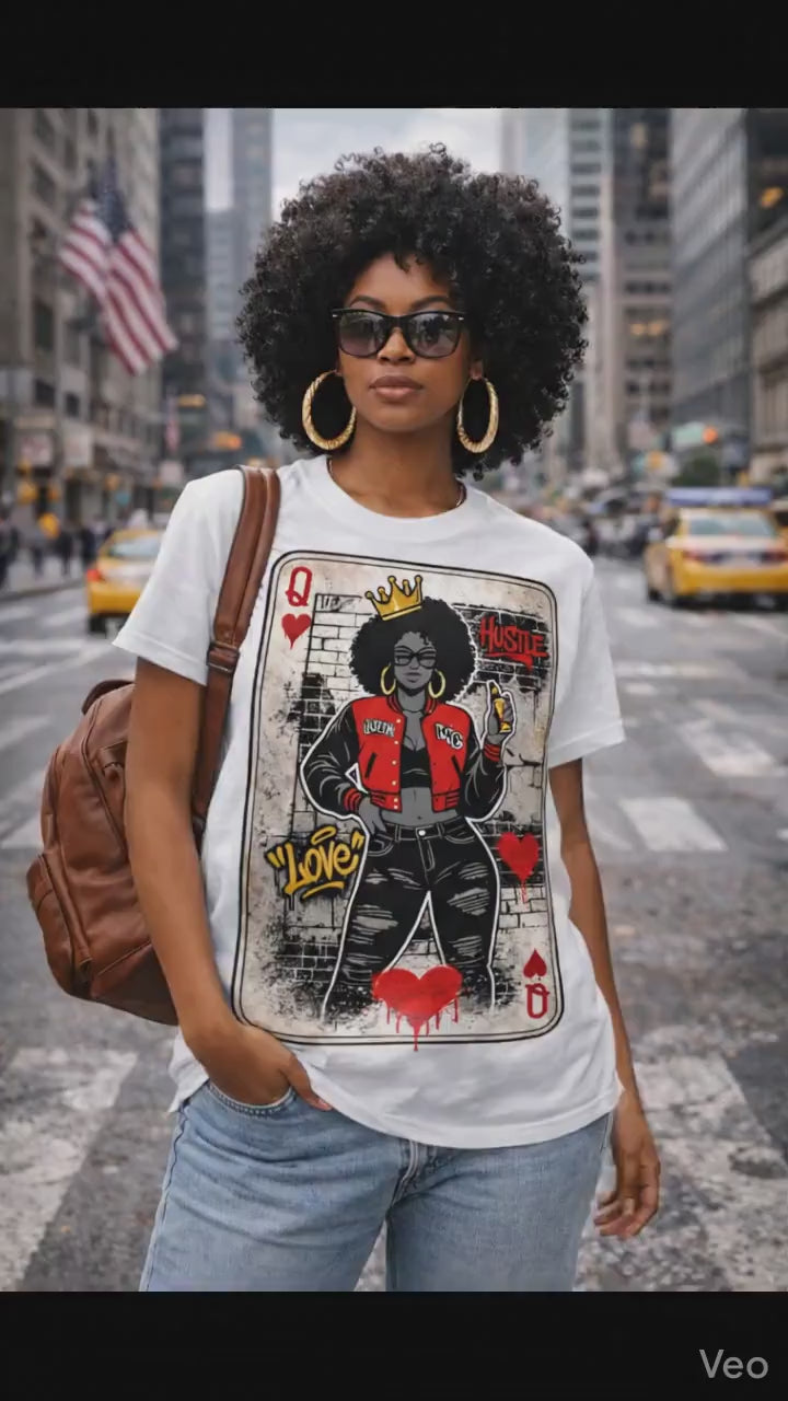 Woman wearing white Queen of Hearts graphic tee on NYC street, retro street art afro queen design