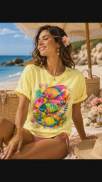 Tropical Colorful Fish T-Shirt | Neon Hibiscus Beach Illustration