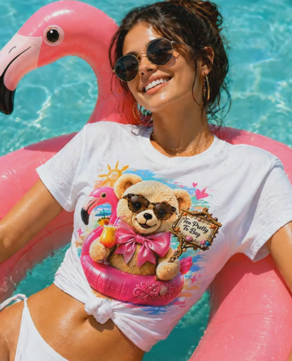 Teddy Bear Pool Float Tee | Summer Bear with Sunglasses and Flamingo